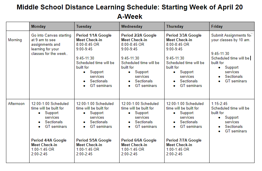 Visual display of middle school schedule